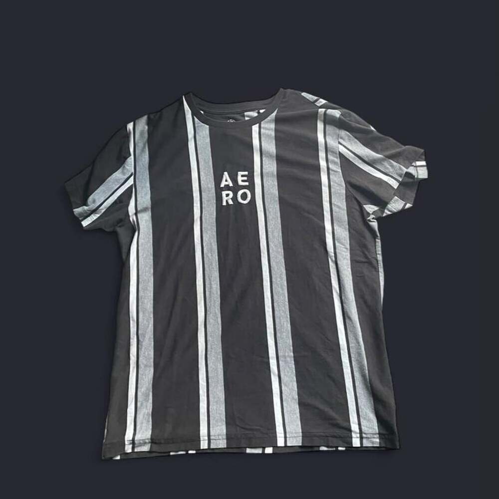 Aeropostale Striped Block T Shirt Mens Large Black White Gray Embroidered